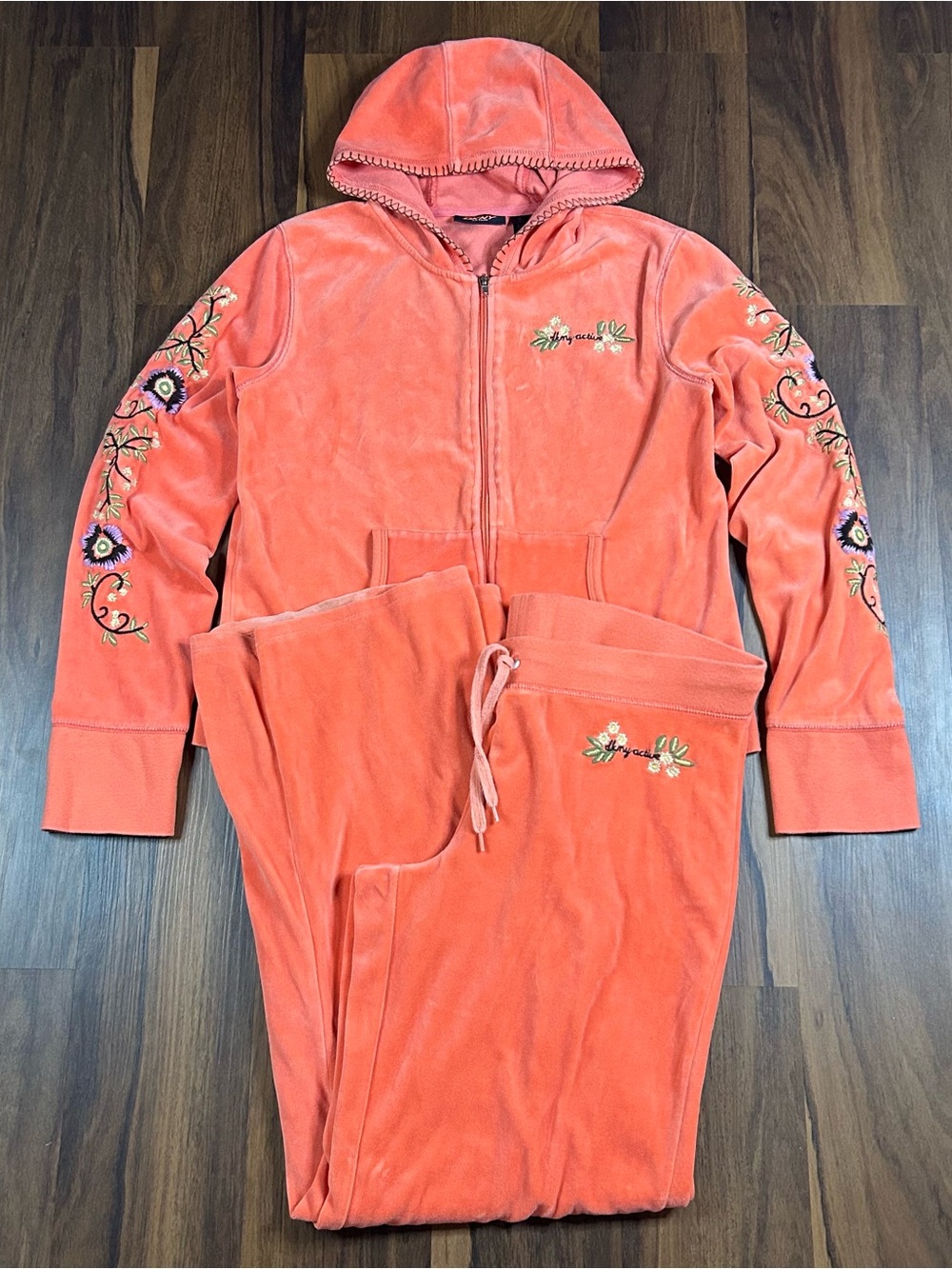 Y2K Dkny punk Hooded Velour track Set with Embroidered Floral Arms
